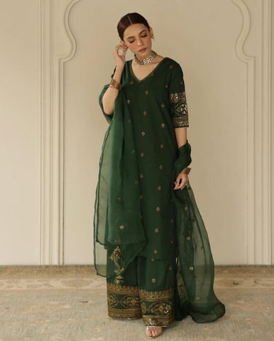 Royal Green Attire | 3-Piece Stitched Embroidered Outfit