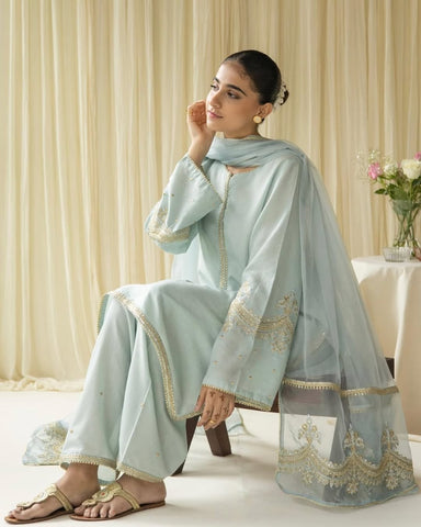 Aqua Bloom - 3 pc Stitched Outfit