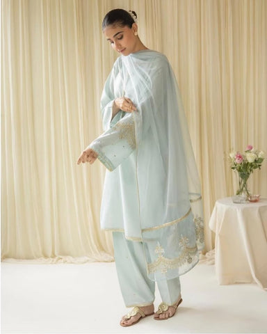 Aqua Bloom - 3 pc Stitched Outfit