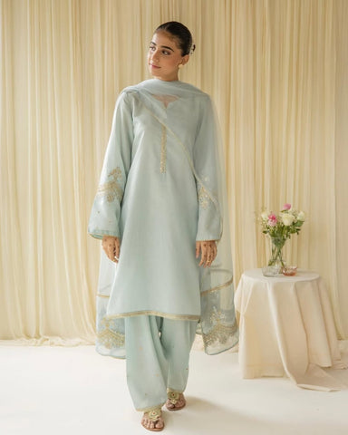 Aqua Bloom - 3 pc Stitched Outfit