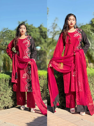 Cherry Red 🍒& Jet Black | Embroidered Stitched 3P